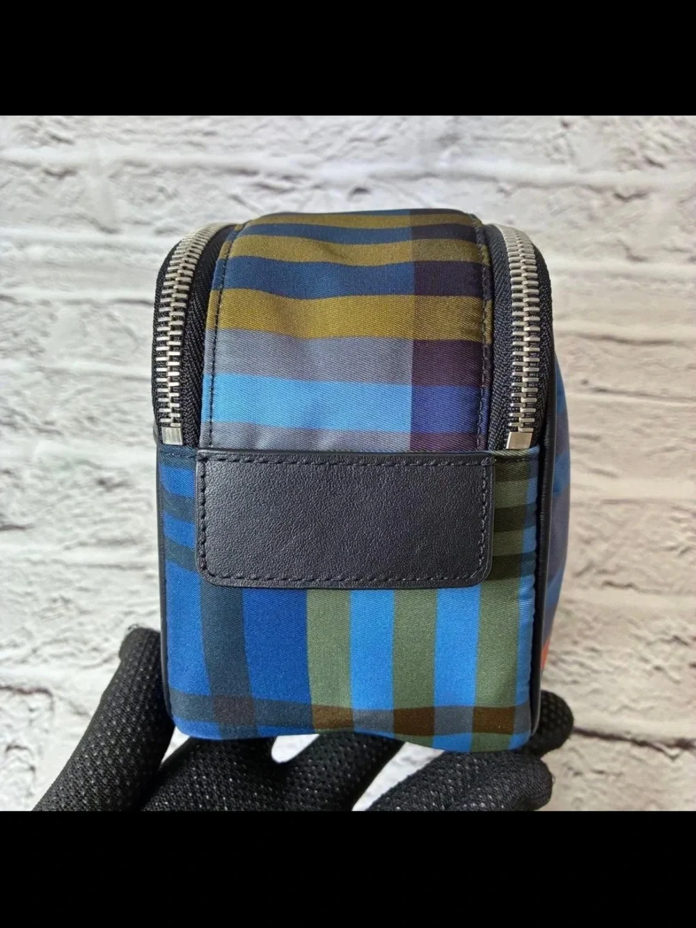 Mulberry Red and Blue Plaid Leather-Trim Toiletry Bag